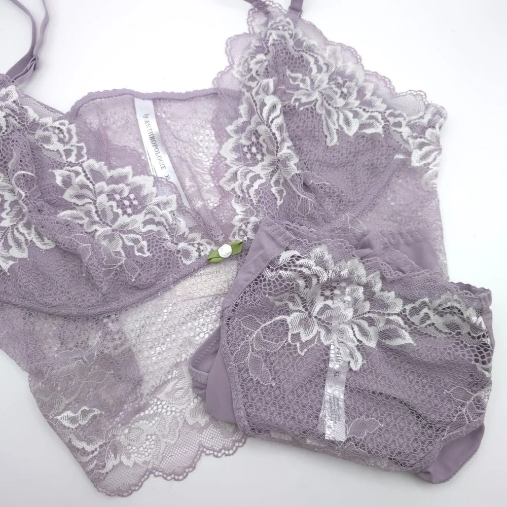 ANTHROPOLOGIE‎ New Lace Bralette And Bikini Set Lilac Floral XL
